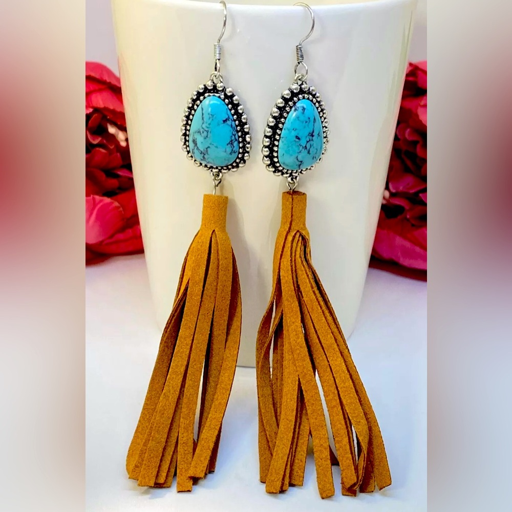 Turquoise Silver Brown Fringe Earrings